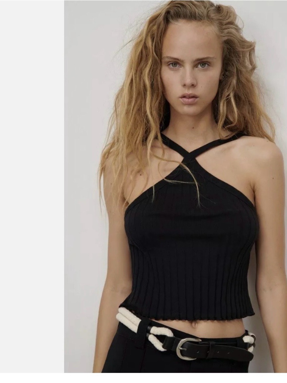 Zara Halter Neck Crop Top Ribbed Cotton Black